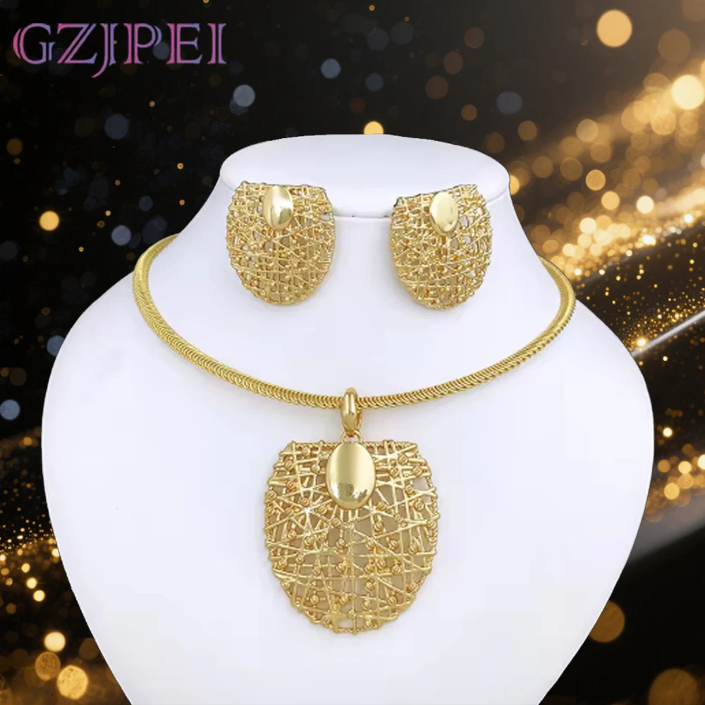 Gold Color Necklace Earrings Set For Women Unique Choker Pendant Earrings 3Pcs Set Jewelry Quality Accessories 251016