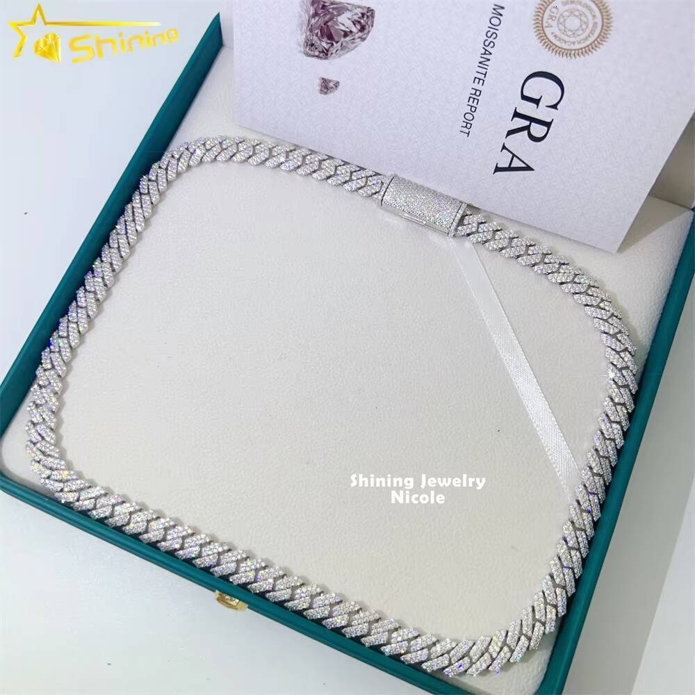 Wholesale Vvs Moissanite 10mm Iced Out Prong Set Cuban Chain S925 Silver Diamond 14KWhite Gold Plated