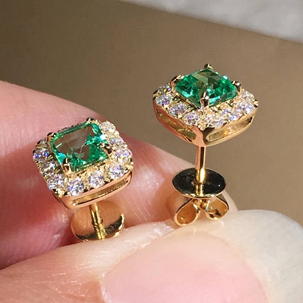 Designer earrings Green CZ Stud Earrings for Women Gold Color Luxury Bride Wedding Earrings Elegant Ear Accessories Party Jewelry