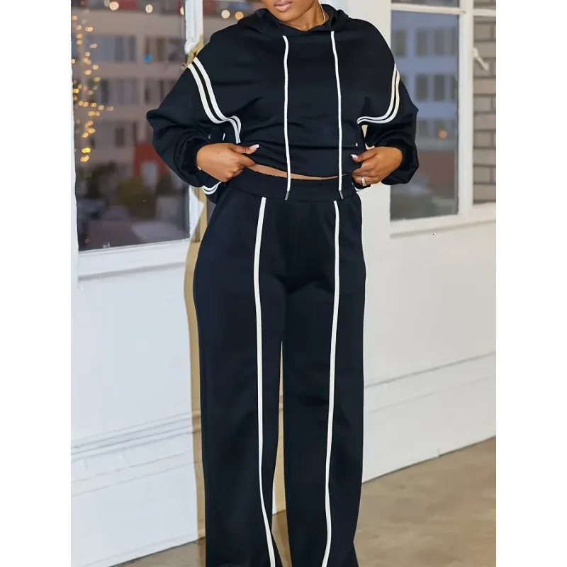 Two Piece Set of Casual Sports Striped Drawstring Hooded Long Sleeved Sweatshirt and Straight Leg Pants 251016