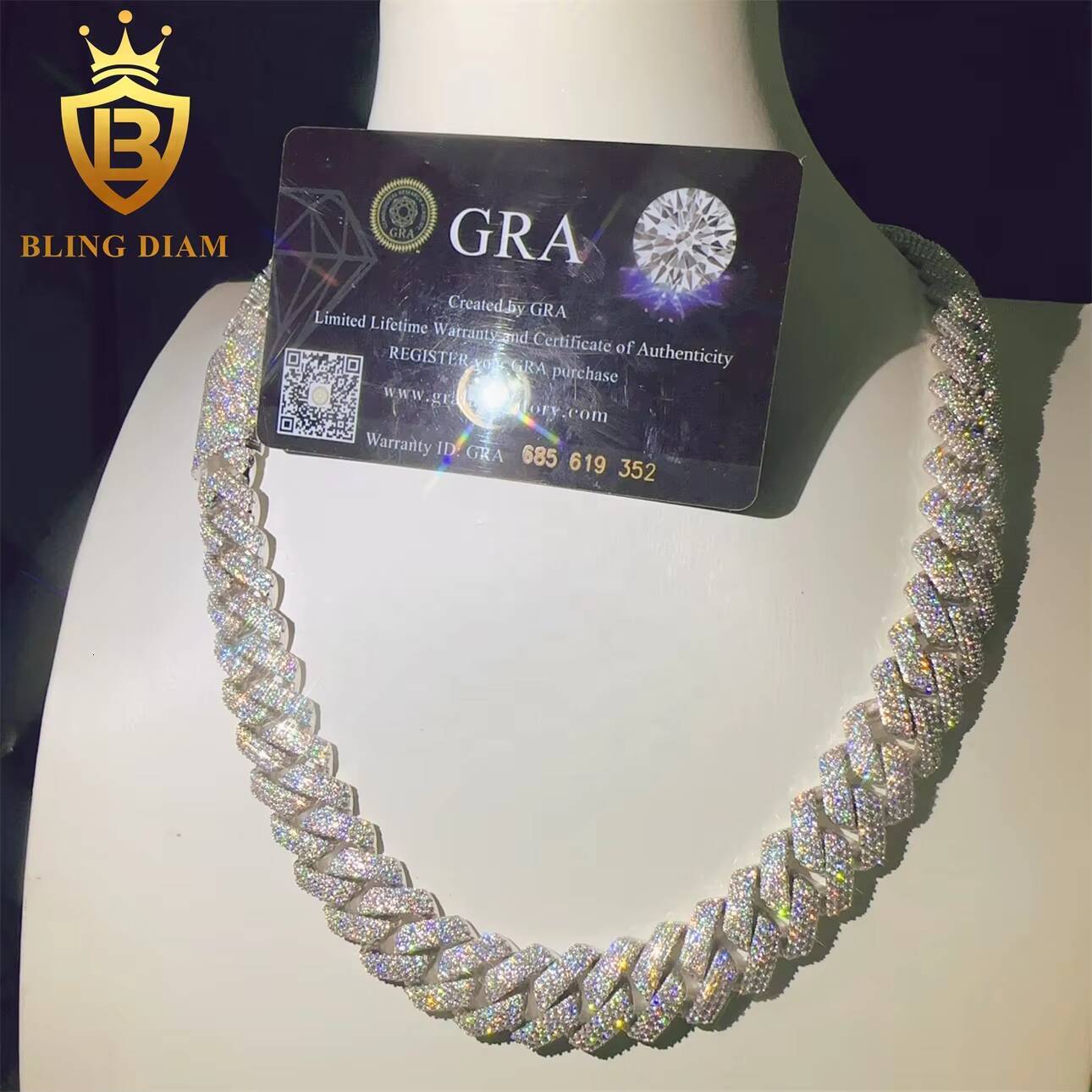 GRA Certificated Hip Hop VVS Miossanite Iced Out Diamond 15mm Sterling Silver 925 Miami Cuban Link Chain Necklace