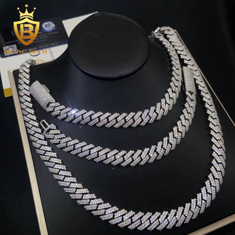 In Stock HipHop Style S925 Moissanite 12mm Cuban Chain Pass Diamond Tester Iced Out Moissanite Necklace Chain Silver with GRA