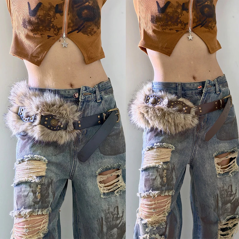 Vintage Faux Fur Belts Y2K Metal Bead Chain Plush Waist Chain Furry Fur Sexy Cowgirl Waistband Punk Belt Jeans for Night Club 251016