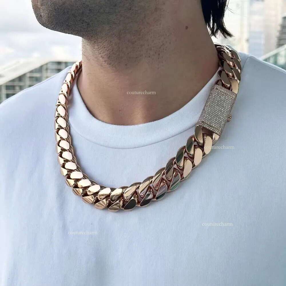 Custom Rose Gold Plated 24MM Wide Miami Link Solid Sier Men Moissanite Lock Cuban Chain Necklace Jewelry