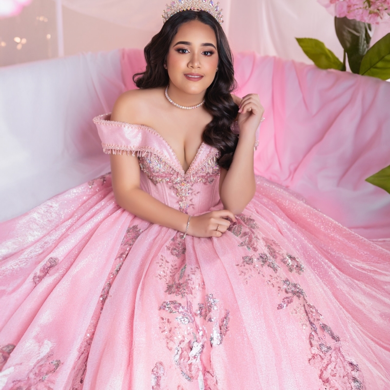 Pink Shiny Quinceanera Dresses Off The Shoulder Sequin Applique Lace Beading Tull Party Birthday Sweet 16 Dres Vestidos 15 De Anos
