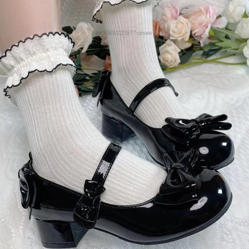 Lolita Style Cute Round Head Jane Pumps With Bow Womens Sweet Party Dress Midi Heels Shoes Fashion PU Sandals 251010