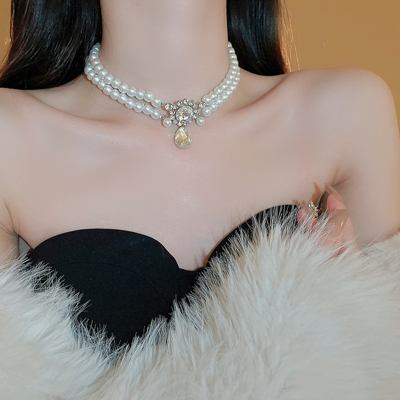 Inlaid Double Layer Teardrop Pearl Style French Elegant Clavicle Chain High-end Fashionable Graceful Necklace