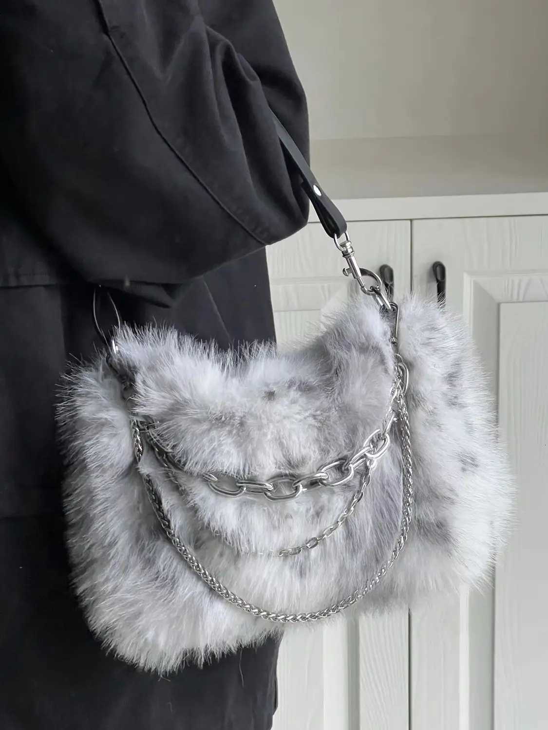 JIAERDI Vintage Y2K Handbag Women Autumn New Hot Girls Chain Plush Soft Shoulder Bag Ladies Harajuku Grey Underarm Bag Aesthetic Z251018