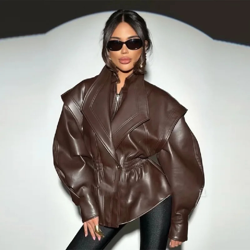 Fashionable Chic Autumn Jacket Retro Lapel Pu Leather Zipper Coat Versatile Stylish Casual Cool Outerwear Womens Clothing 251010