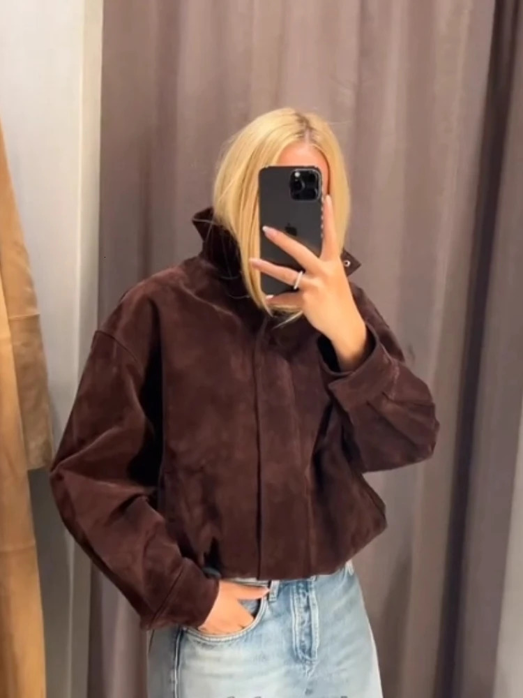 Retro Suede Stand Collar Jacket Women Casual Chic Zipper Buttons Bomber Jackets Coat Female 2025 Autumn Versatile Street Outwear 251010