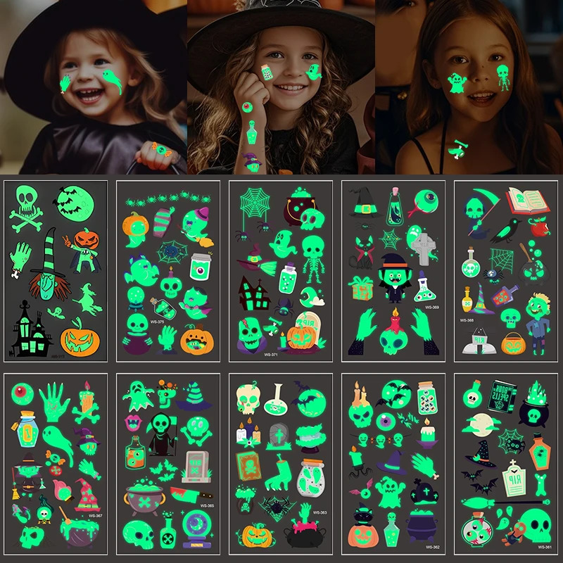 10Sheets Halloween Luminous Tattoo Stickers Ghost Pumpkin Kids Adults Halloween Party Decoration Glow In The Dark Supplies Gifts 251010