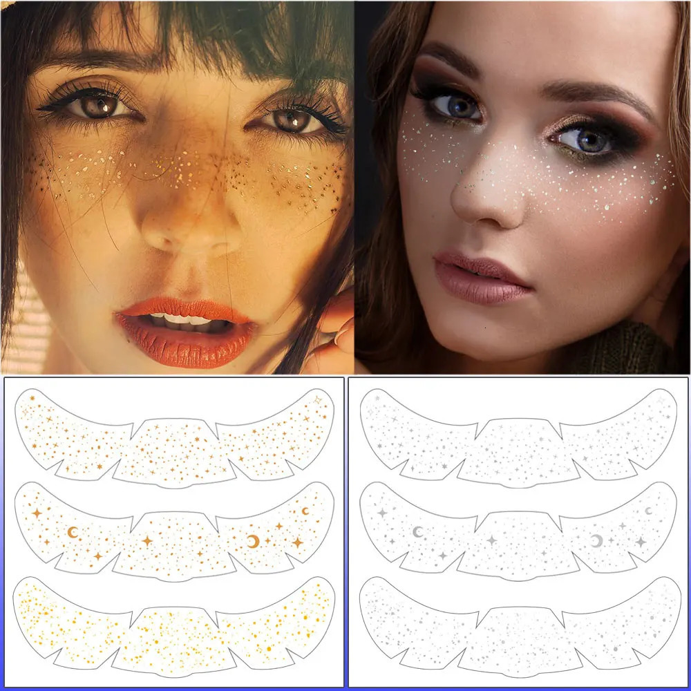 6pcs Freckle Tattoo Stickers Gold Silver Metallic Temporary Tattoo Stickers For Women Glitter Face Decals for Music Festival 251015
