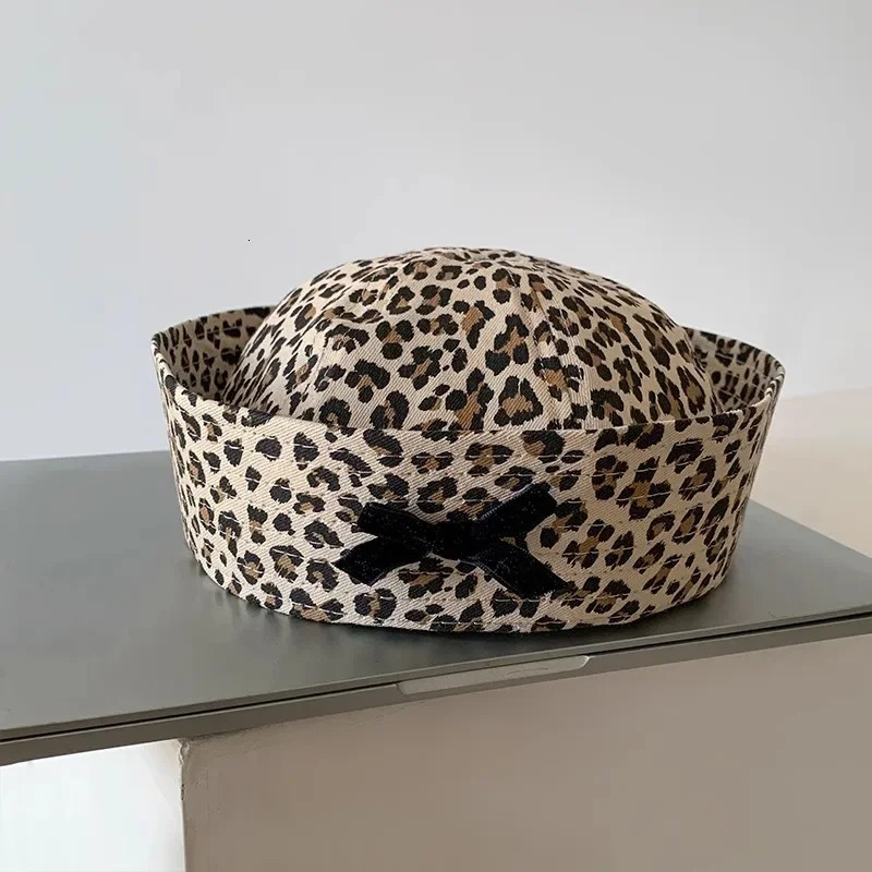 Japanese Y2K JK Yuppie Style Bow Leopard Print Sailor Hat Female Retro tie Showing Face Small Flipped Brim Beret Cap Women 251008