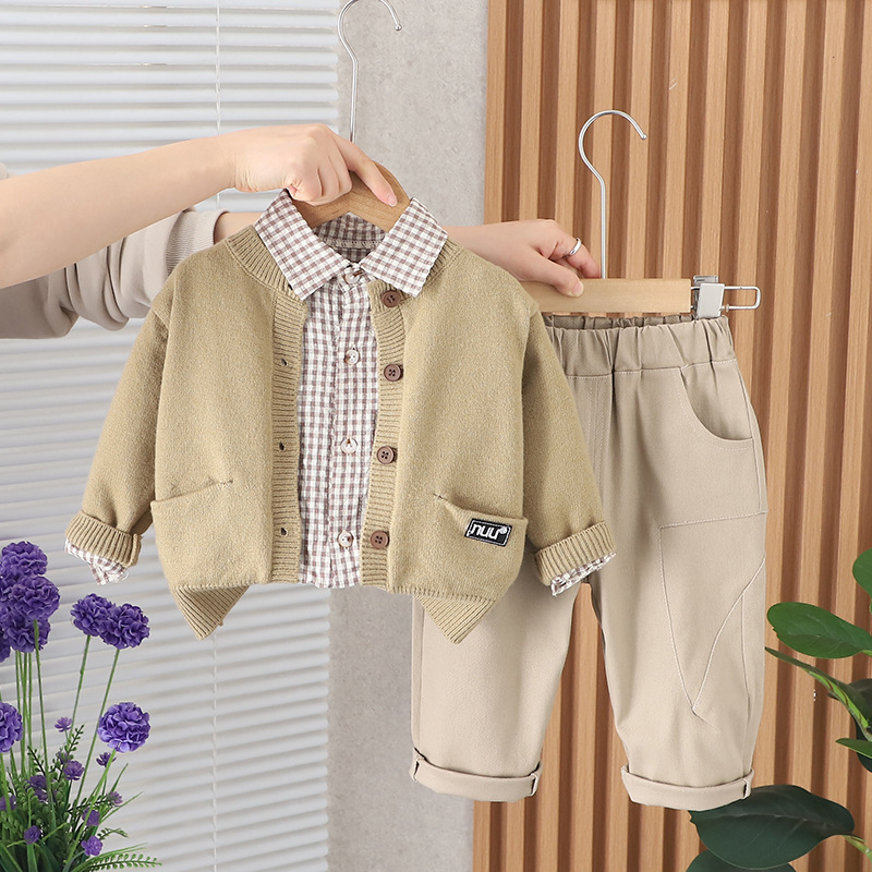 Boys' Spring Set 2025 New Fashionable Children's Standard Long Sleeve Sweater Coat Baby Casual 3-Piece Set Free Shipping Designer