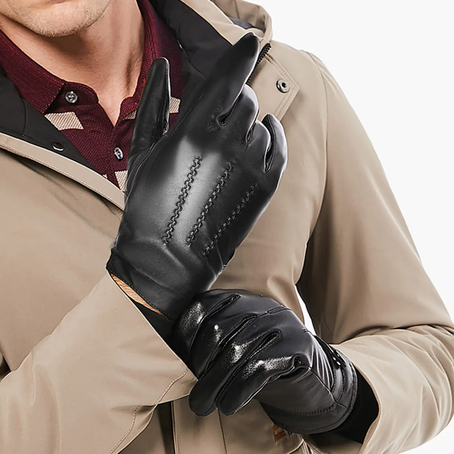 2025 BISON DENIM Mens Sheepskin Gloves Fashion Cashmere Lined Touchscreen Full Finger Mittens Winter Warm Riding Driving Gloves 251015