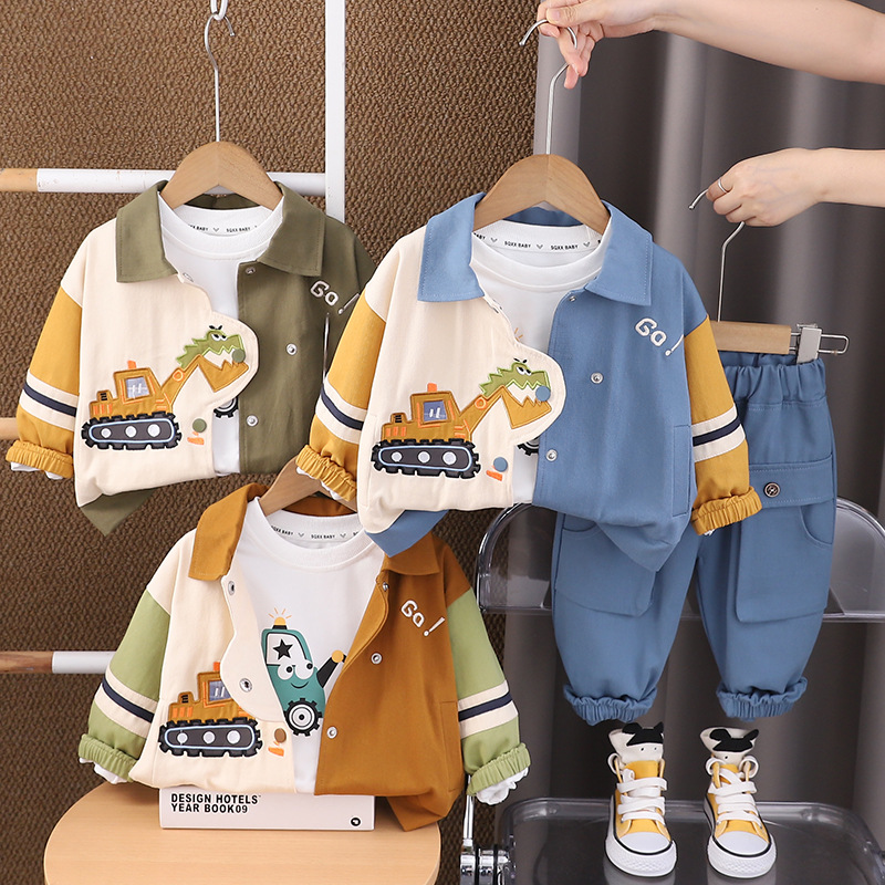Boys' autumn fashion cartoon excavator three piece set, baby's autumn handsome baby clothes trendy children's fashion free shipping