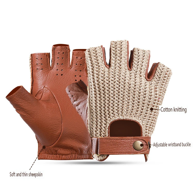 Mens Retro Motorcycle Fingerless Leather Gloves for Driving and Riding Knitted Breathable HalfFinger Gloves 251015