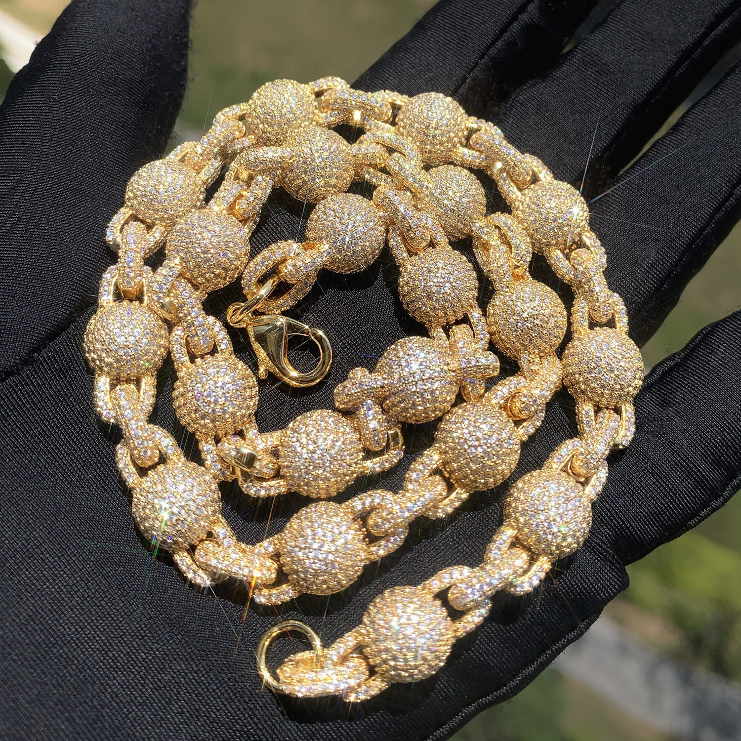 10mm Hip Hop Bubble Ball Cuban Link Chain Necklace Bracelet 18k Real Gold Plated 5A Zircon Mens Jewelry