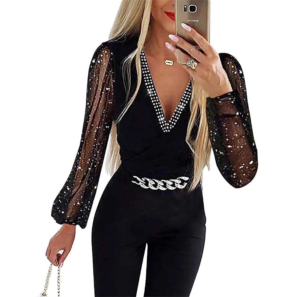 Jumpsuits Women One Piece V Neck Full Sleeve Tight High Waist Overalls Casual Sheath Long Pencil Pants Rompers Slim Fit Y2k 251016
