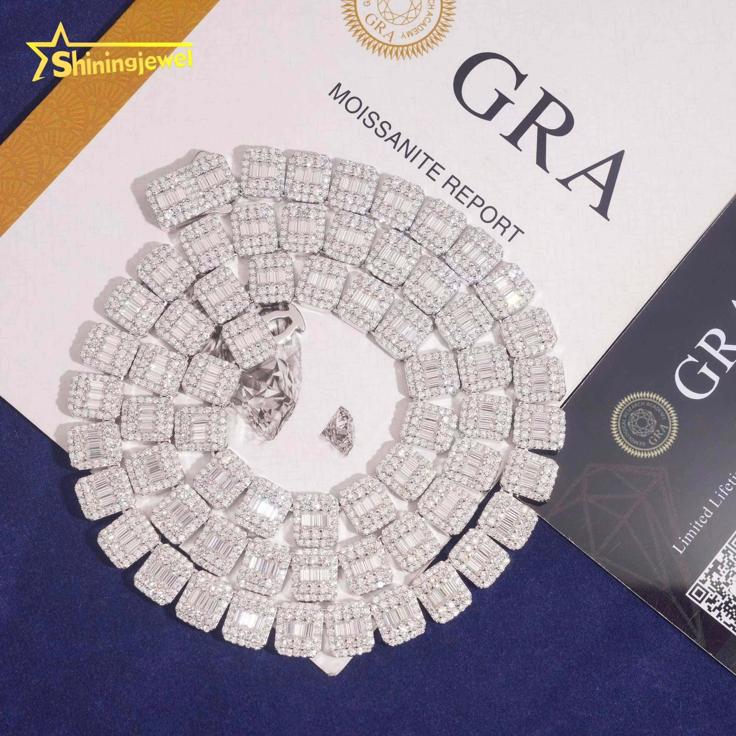 High Quality Custom Cuban Link Chain Men Women 925 Silver Iced Out VVS Baguette Moissanite Cuban Chain Necklace