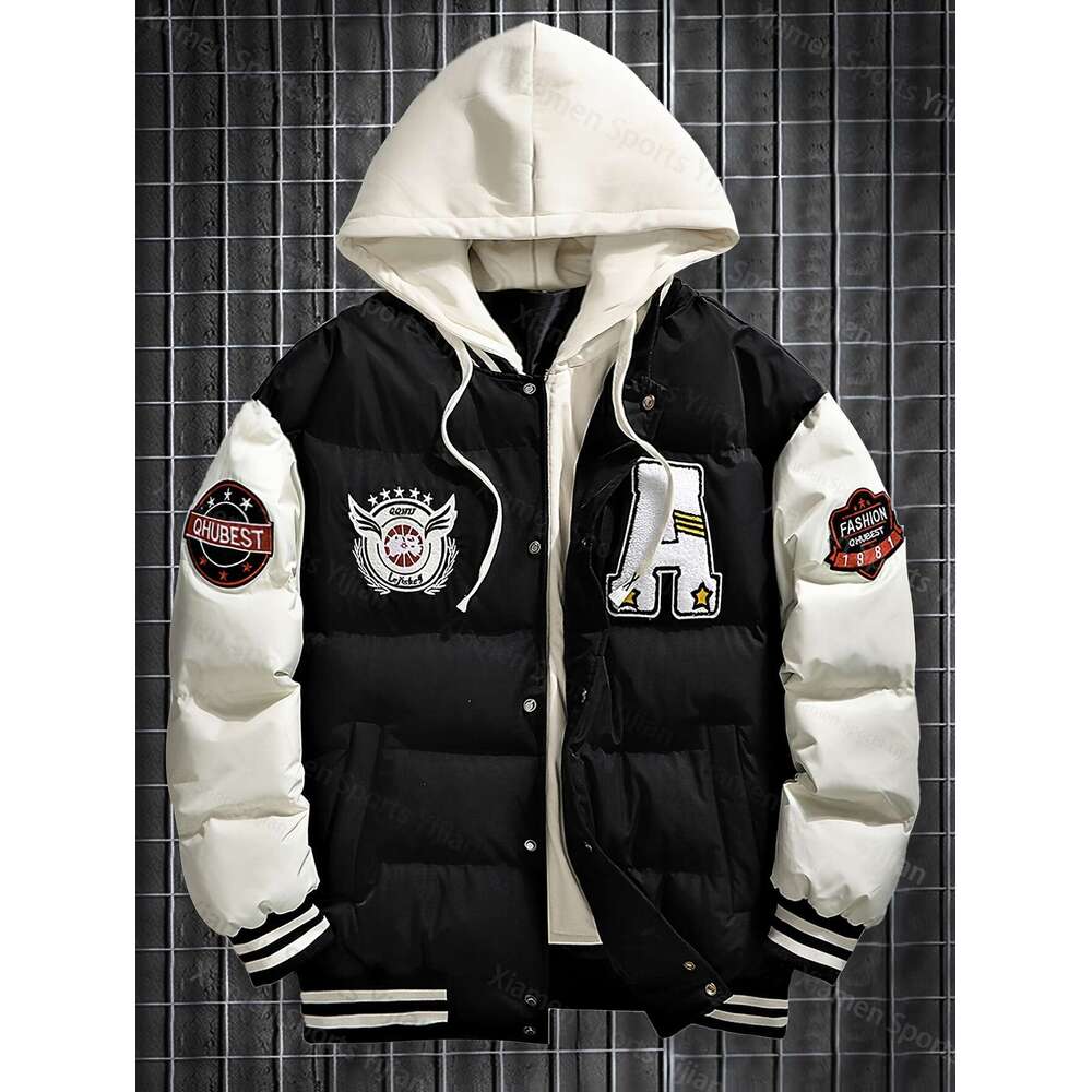 Men's Women's Heavyweight Hooded Red White Color Block Baseball Coat With Front Zipper Closure, Non-Stretch Fabric Outerwear Couples, Casual