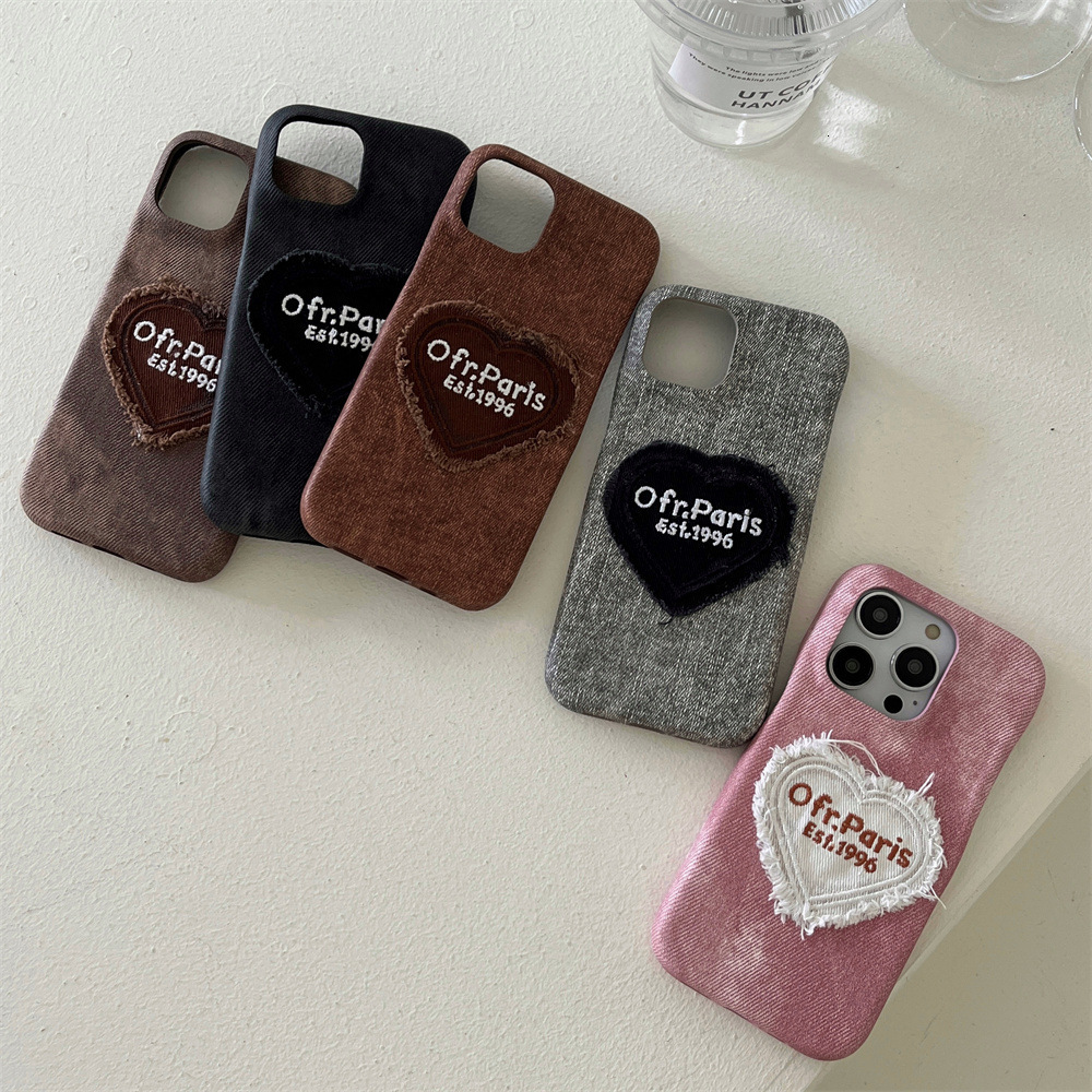 Suitable for iphone 17/16/15/14 Pro Max Denim Embroidered Heart Phone iPhone 13/12 Cartoon Case