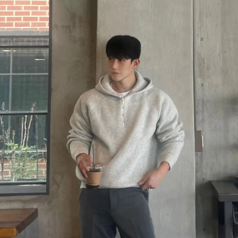 Autumn and winter sports fashion mens casual hooded knitted sweater warm jacket Korean version simple top 251015