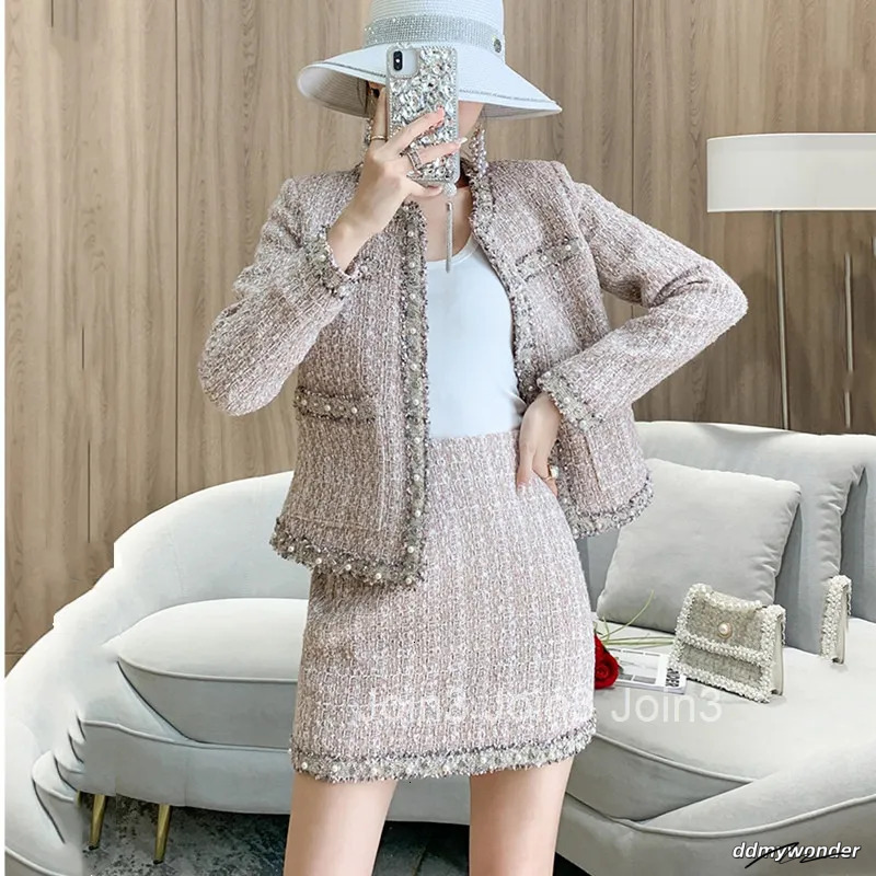 Elegant Tweed Set: Women's Woolen Coat Skirt Two-Piece Outfit For Autumn And Winter Ddmywonder