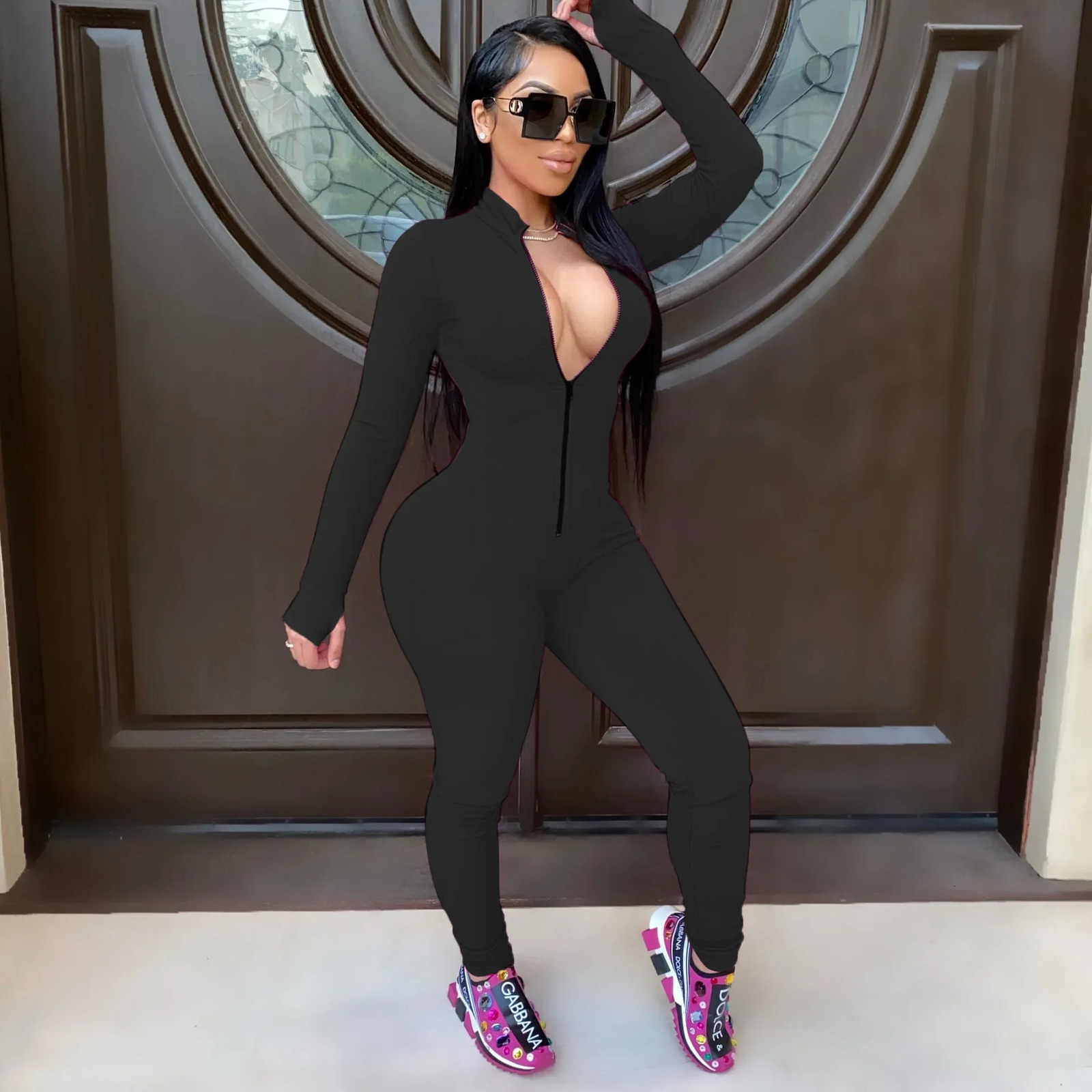 Sexy Solid Color Long Sleeve Deep V Bodycon Rompers Womens Jumpsuit Sport Suit Fashion Zip Up Long Pants Overalls Fitness Set 251016