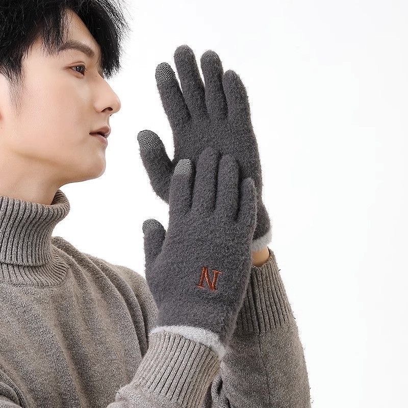 Men's Fleece-Lined Thickened Letter Embroidery N Cycling Winter Cold-Proof Warm Gloves Touchscreen