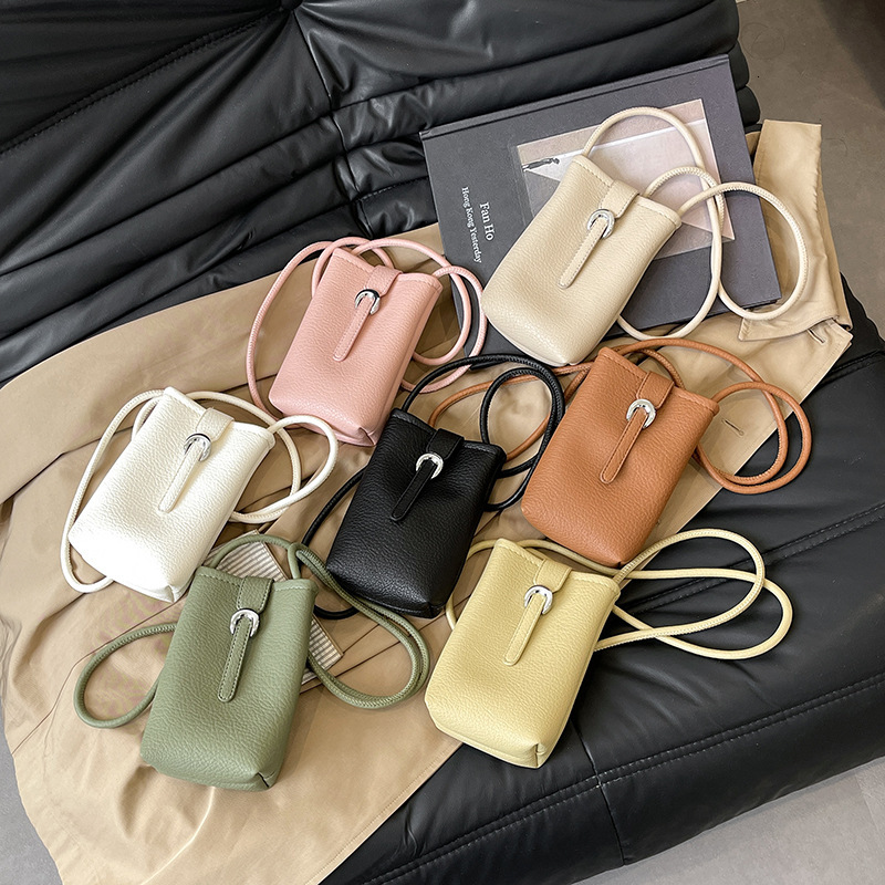 Luxury Brand Designer Bag Lychee Grain Soft Leather Single Shoulder Crossbody Vertical Phone Bag Korean Style Literary Simple Solid Color Fresh Casual
