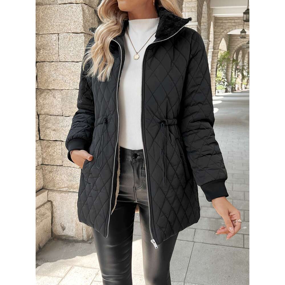 Solid Color Zipper Quilted Drawstring Jacket, Elegant Long Sleeve Warm Autumn And Winter Coat For Women