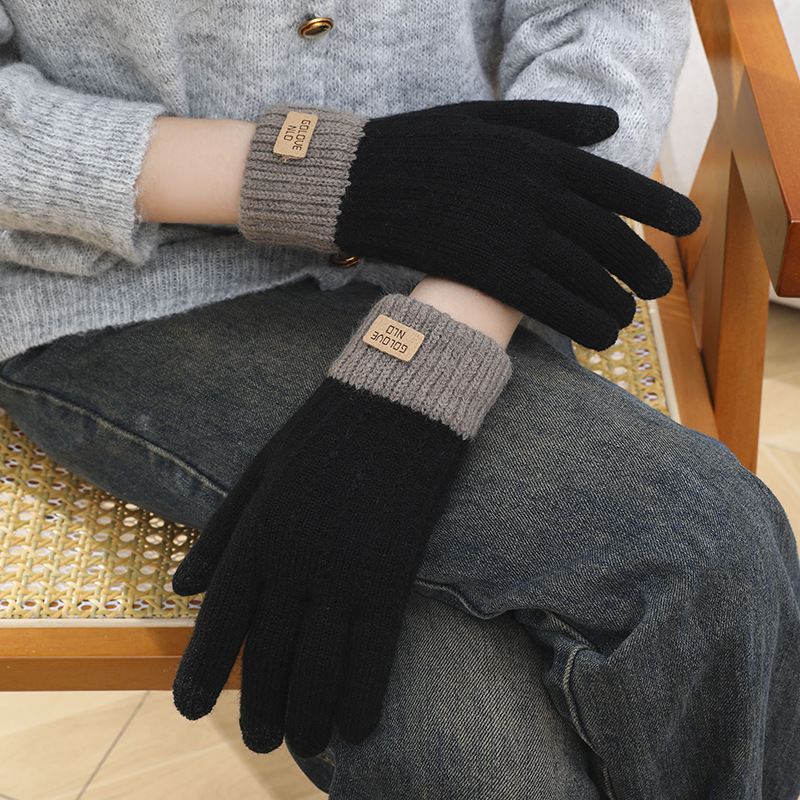 Korean Version Winter Warm Wool Windproof Adult Fleece Lined Thickened Five-Finger Touchscreen Knitted Cold-Proof Cycling Outdoor Gloves