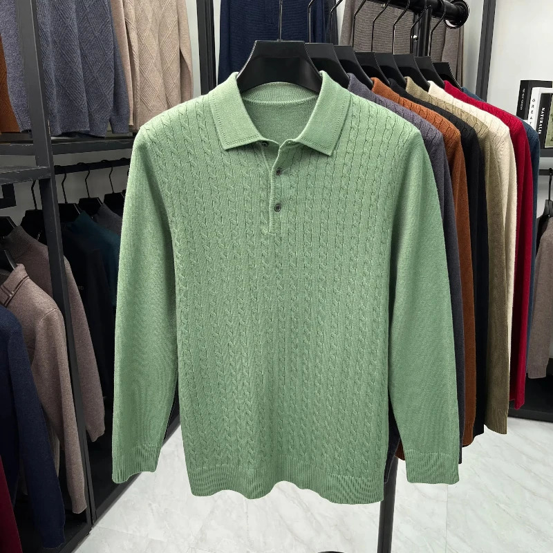 High quality mens knitted sweater autumn winter fashionable flip collar jacquard boutique Korean style pullover Tshirt 251015