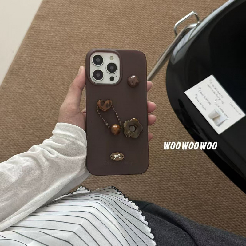 Autumn Style Coffee Color Amber Heart Small Flower iPhone 17 Pro Max iPhone 16 Phone Case 15 for Women