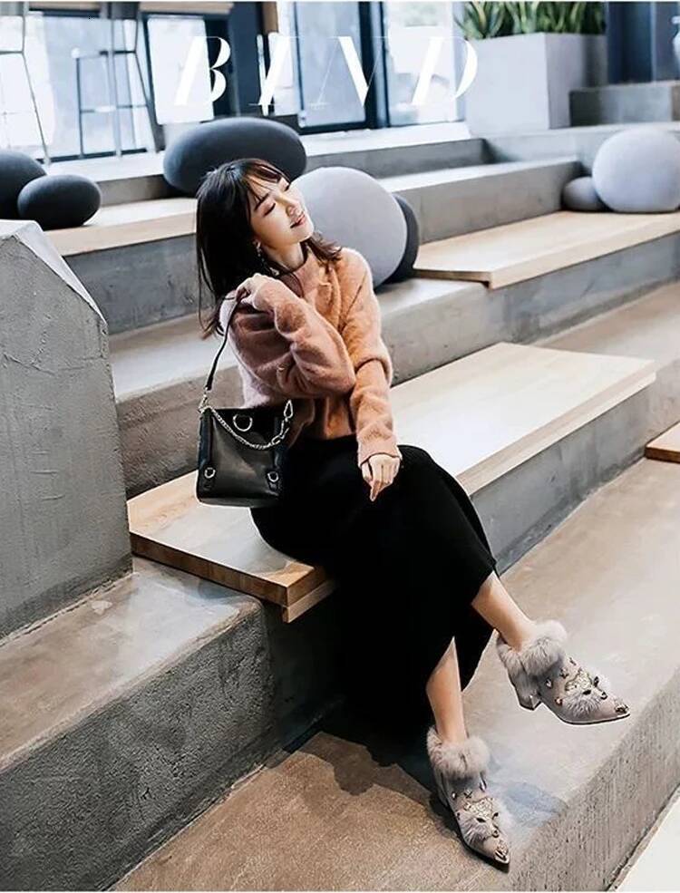 Crystal Fox Head Personalized Design Boots Autumn and Winter New Fashion Metal Pointed Fluffy Plush High Heels Women's High Heels Designer Shoes