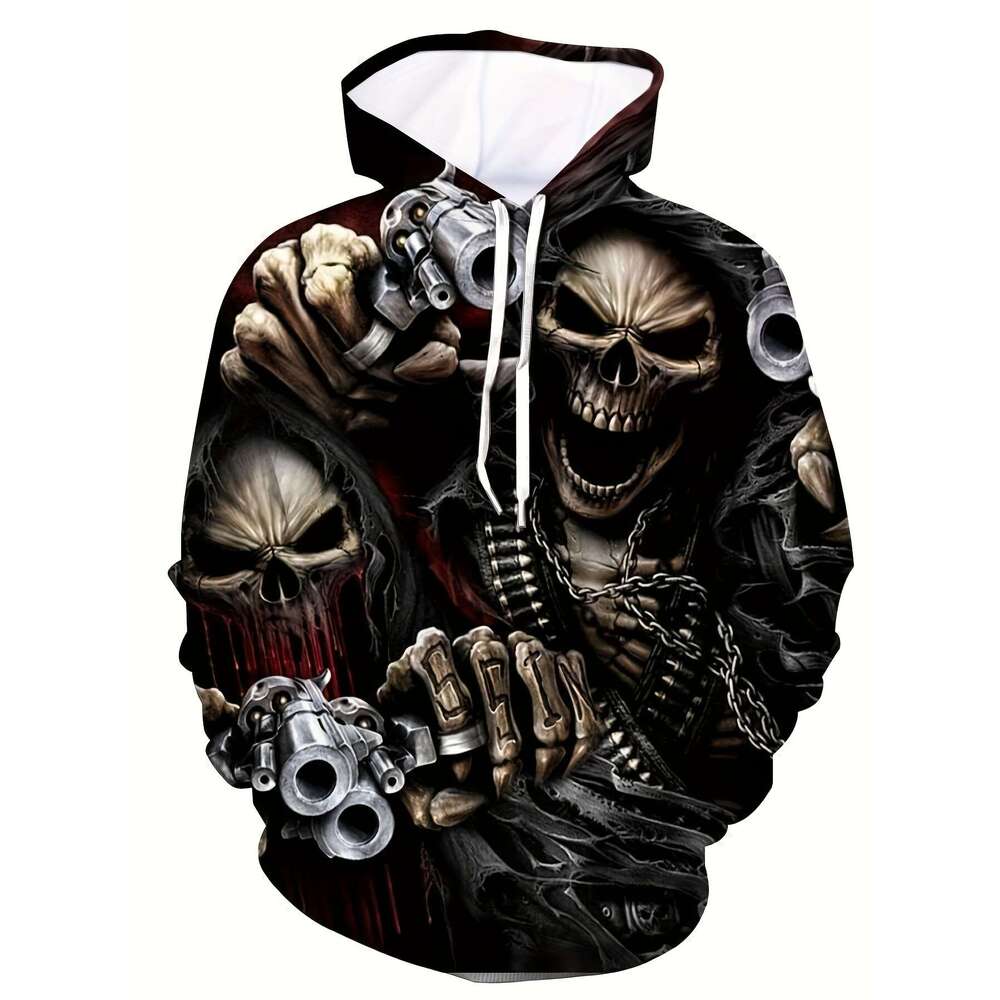 Men's Skulls Graphic Print Hoodie With Kangaroo Pocket, Casual Long Sleeve Drawstring Hooded Sweatshirt For Outdoor