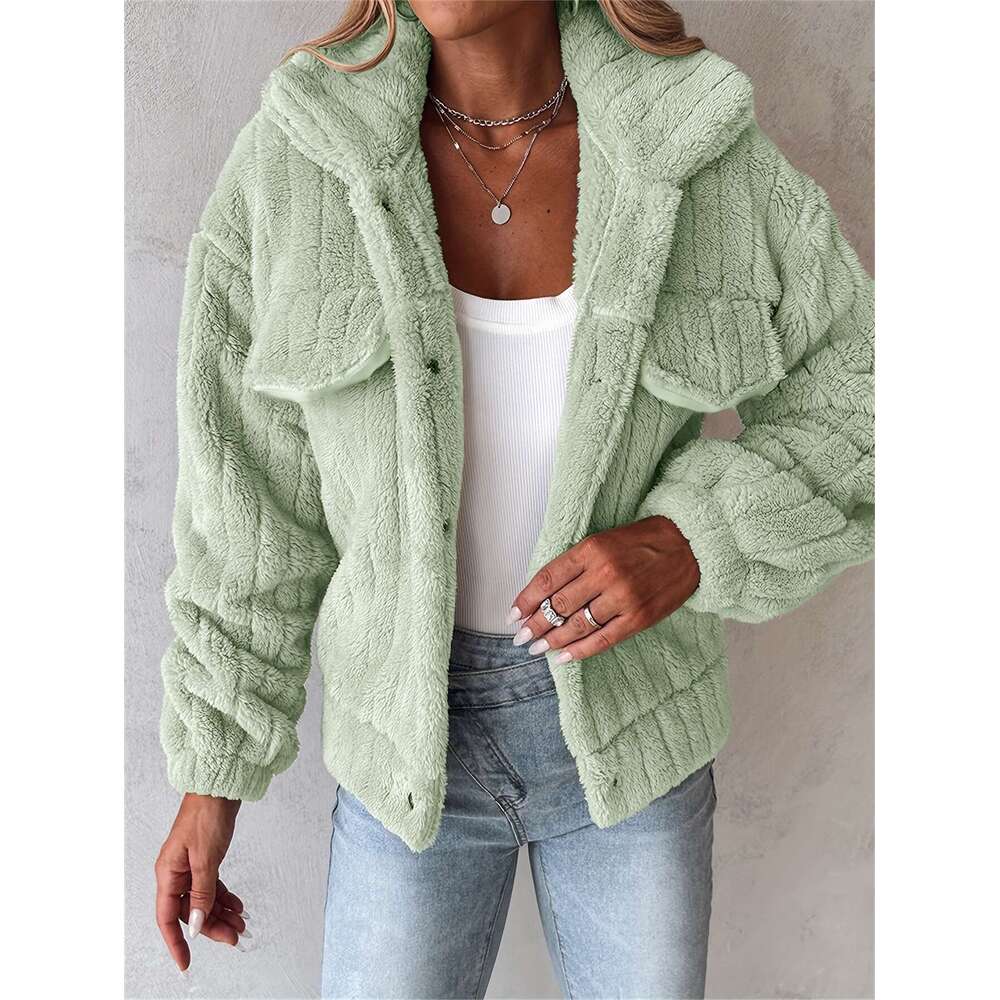 Pink Jacket Soft Pink Women's Plush Casual Jacket Hine Washable Stand-Up Collar Button Front Winter Coat | Fall/Winter Outerwear For Everyday Com