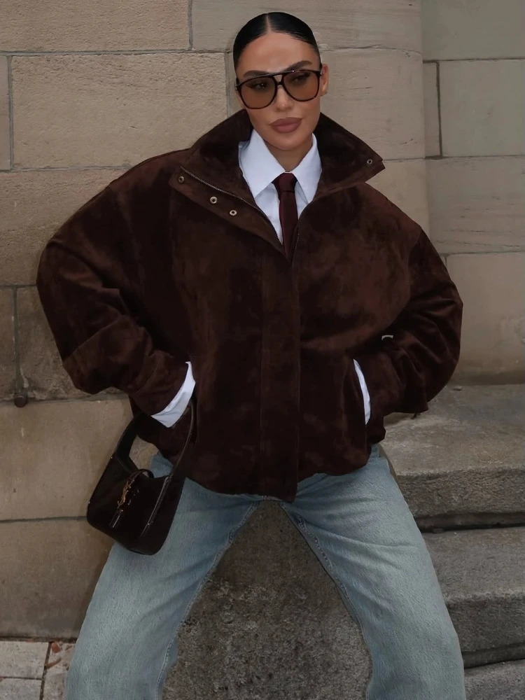 Retro Suede Stand Collar Jacket Women Casual Chic Zipper Buttons Bomber Jackets Coat Female 2025 Autumn Versatile Street Outwear 251010