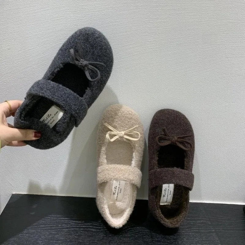 Elegant Plush Loafers Womens Shearling Ballet Flats Strap Warm Rabbit Fur Lined Crystal Buckle Mary Jane Flat Shoes 251013