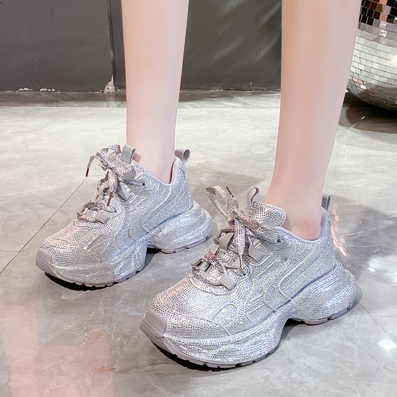 Women Luxury Sneakers Spring Lace-Up High Heel Rhinestone Casual Working Shoes Wearing Night Running Shoes Outside Breathable Height Increased Designe