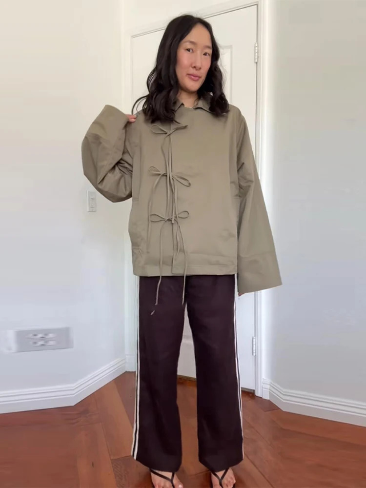 Reversible Oversized SingleBreasted Jacket Women Tied Collar Contrast Autumn Versatile Coat Urban Chic Lady Outerwear 251016