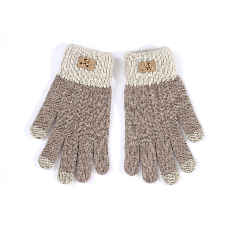 Korean Version Winter Warm Wool Windproof Adult Fleece Lined Thickened Five-Finger Touchscreen Knitted Cold-Proof Cycling Outdoor Gloves