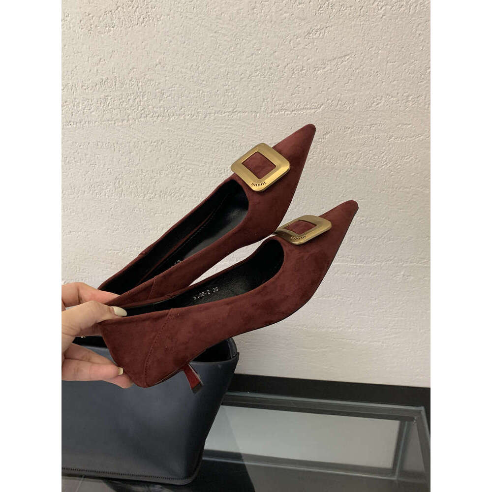 Pointed Toe Suede Elegant Designer Shoe Single Shoes for Women Slimming, Metal Buckle Shallow Mouth Kitten Heels