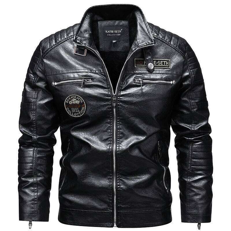 Men's Winter Fleece Motorcycle Faux Leather Jacket Removable Fur Collar Windbreaker Ropa De Hombre Slim Coat