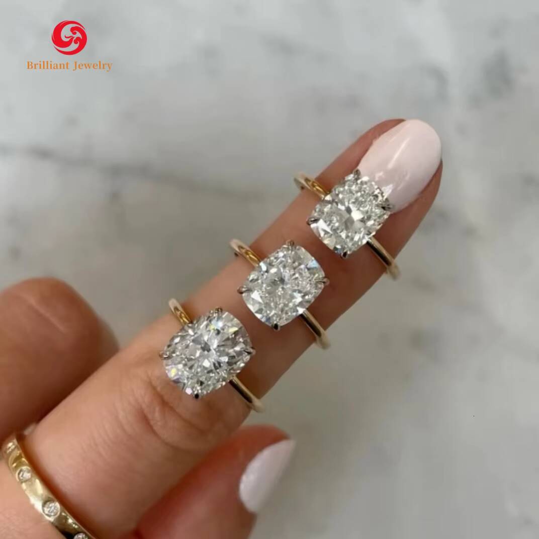 GRA Certified Cushion Cut D VVS Moissanite Rings 1ct 2ct 3ct Solitaire Setting 10k 14k Solid Gold Moissanite Diamond Ring
