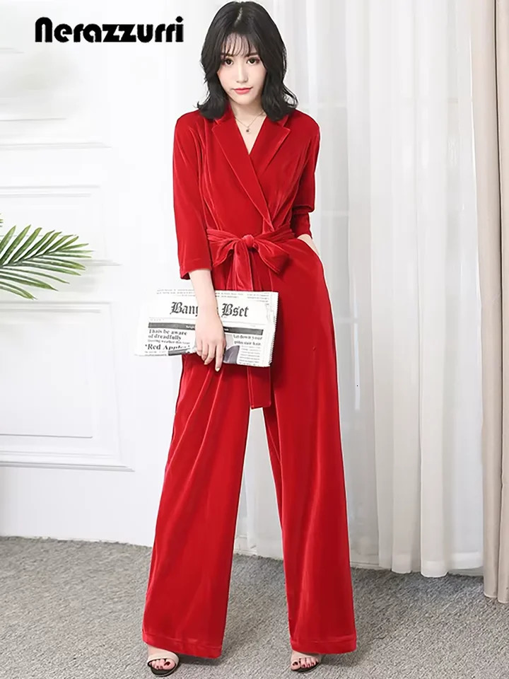 Nerazzurri Spring Autumn Long Soft Flowy Red Velvet Jumpsuit Women with Sleeves Sashes Maxi Black Wide Leg Floor Length Clothes 251016
