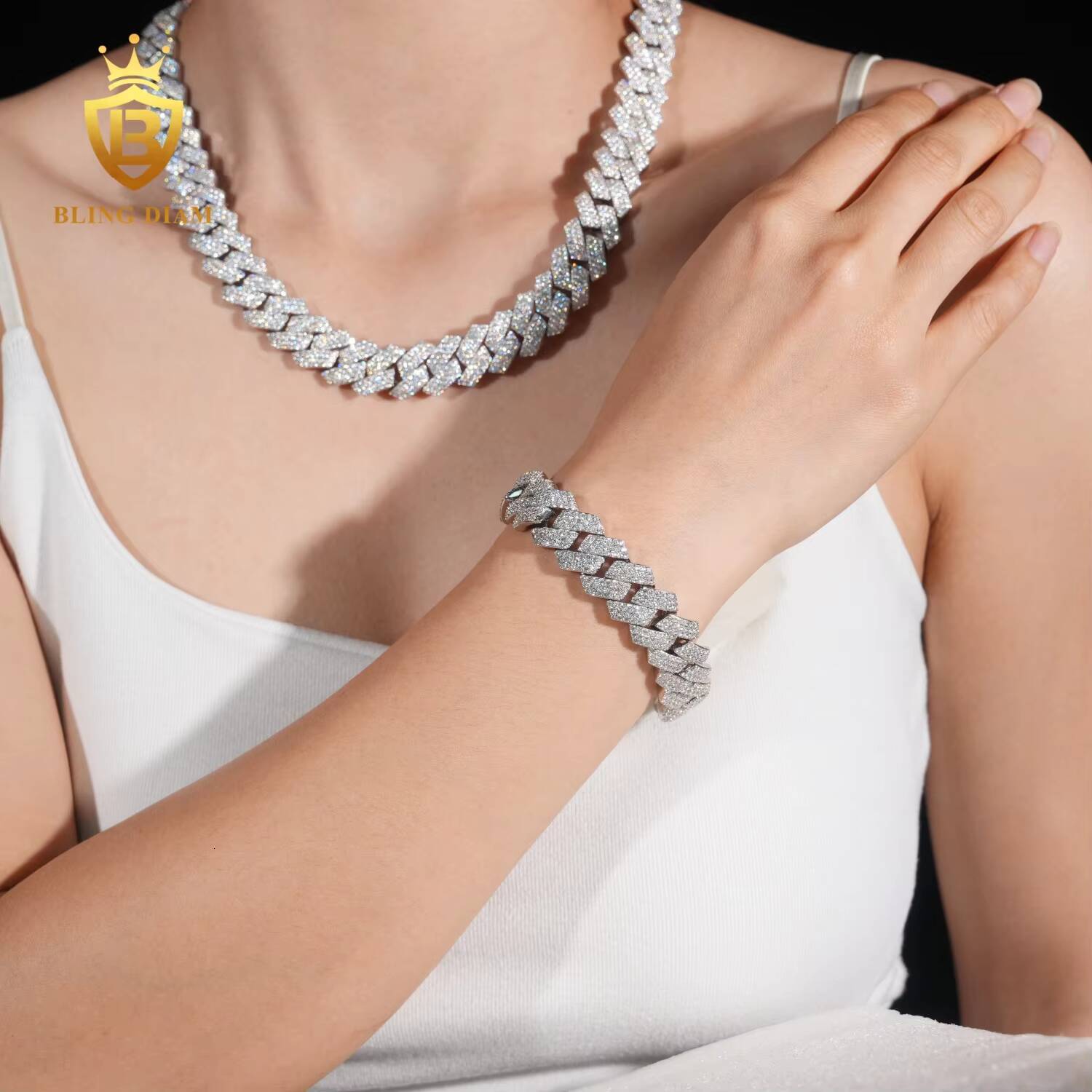 Hot Sale High Quality Heavy Hip Hop 15mm Width Three Rows 925 Silver VVS Moissanite Iced Out Cuban Link Chain