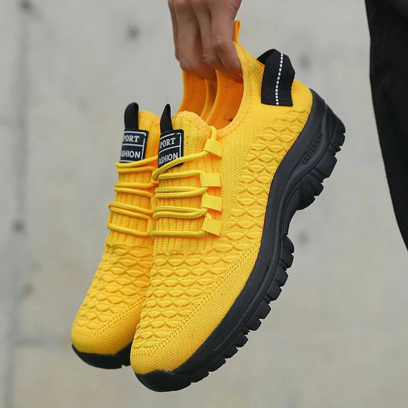 Mens Bright Yellow Outdoor Sneakers Breathable Mesh Construction Shock Absorbing Sports Shoes Stylish Trendy Adventure Footwear 251013