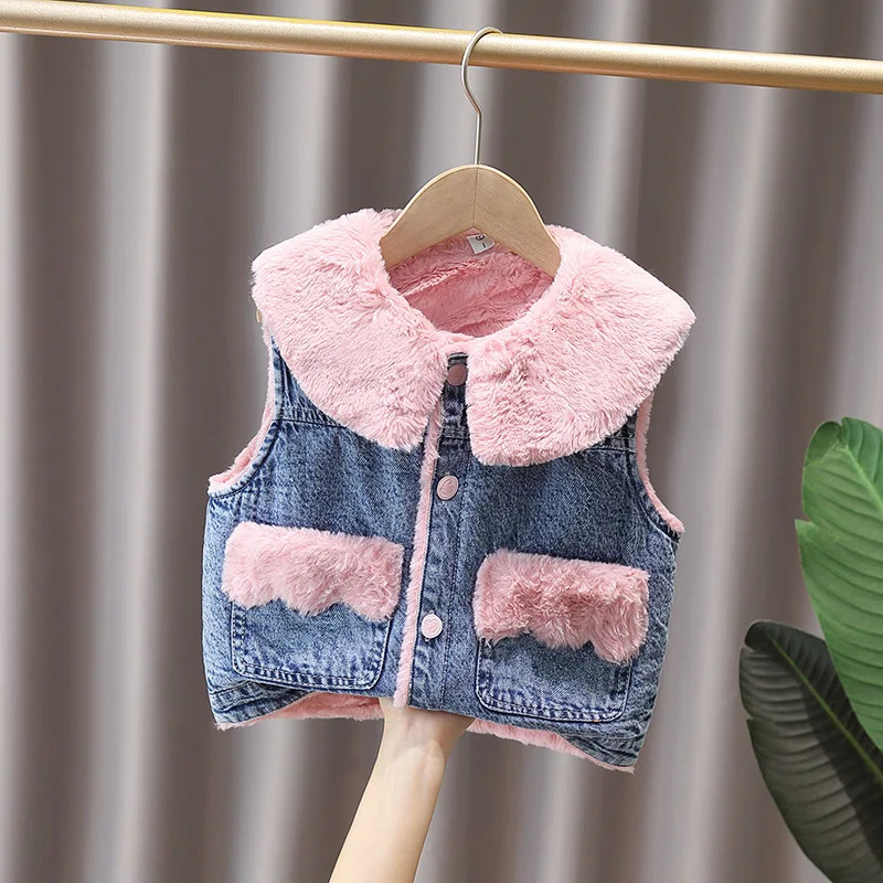 Autumn Winter Girl Boy Vest Fur Denim Jacket Baby Toddler Girls Clothes Fleece Coat Sleeveless Waistcoat Children Snow Outfit 251015